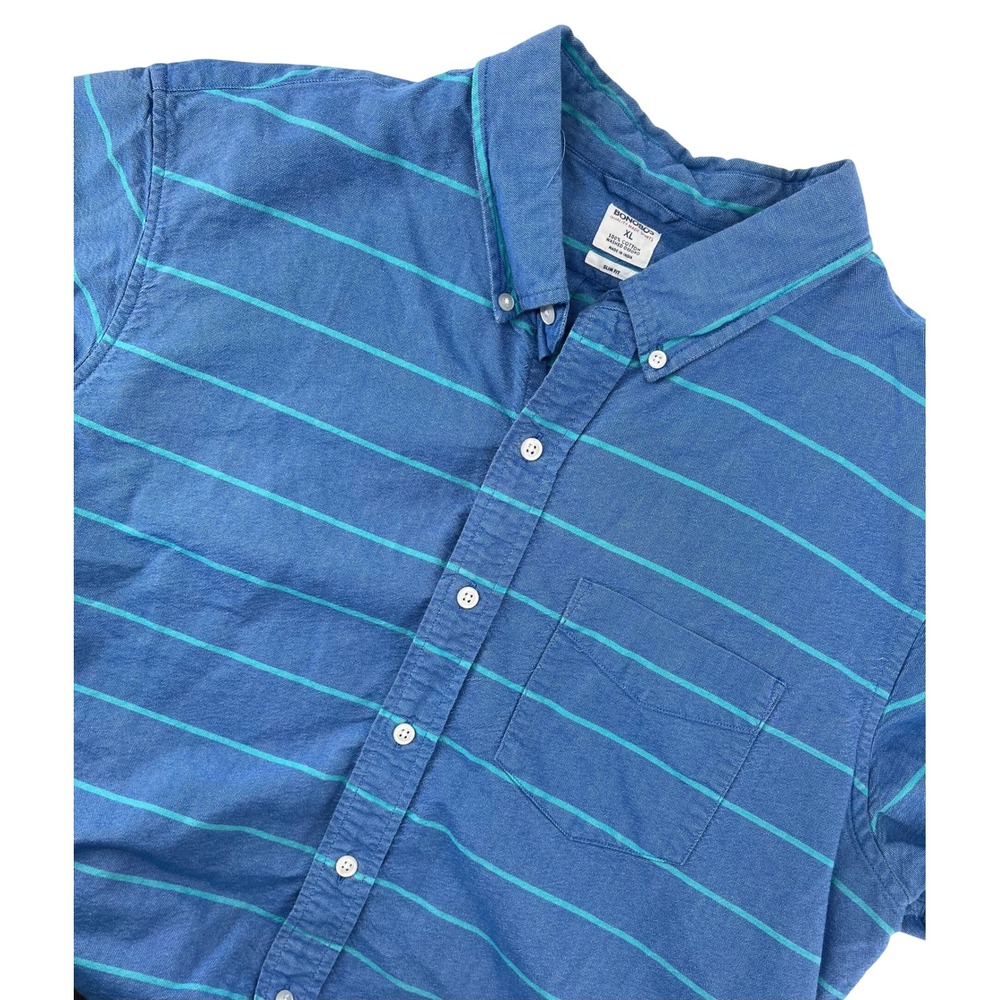 Bonobos Mens XL Slim Fit Washed Oxford Shirt Short Sleeve Blue Teal Striped